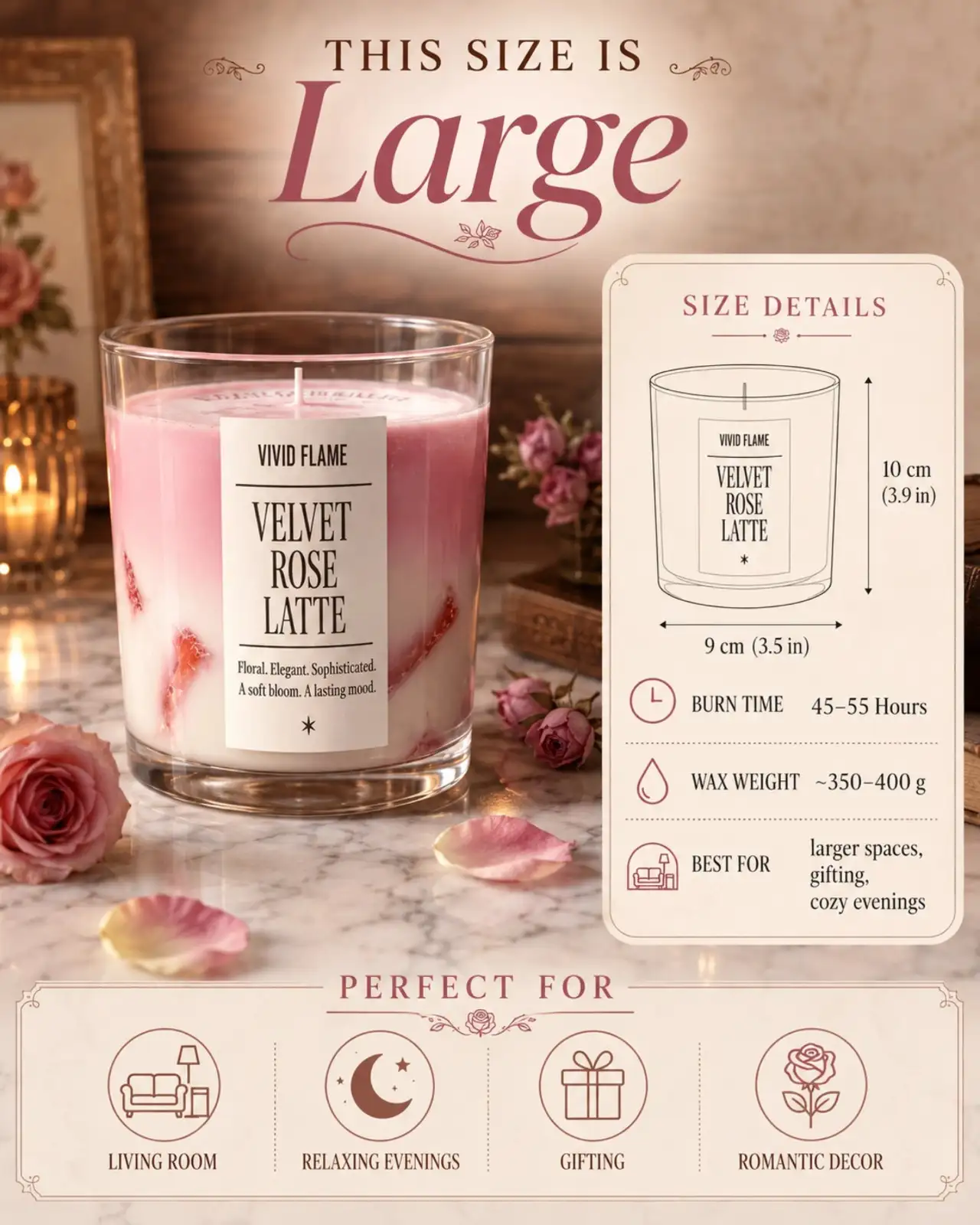 Velvet Rose Latte Candle – 3 Premium Rose Scented Jar Candles - Image 4
