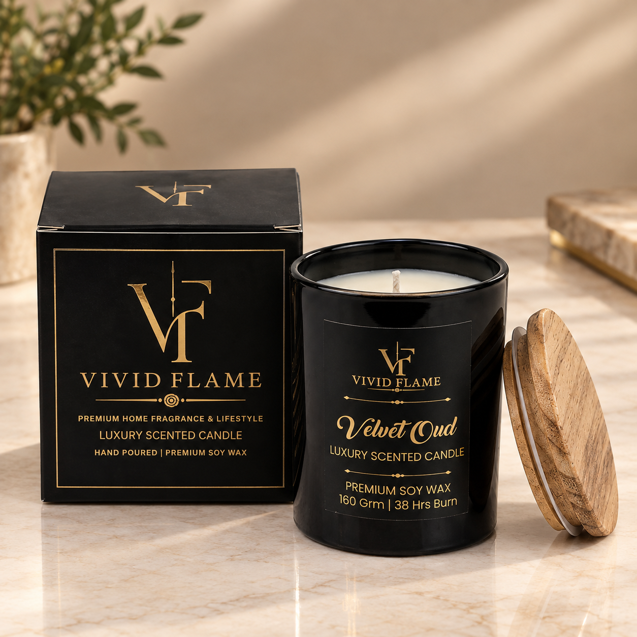 Vivid Flame Velvet Oud Luxury Scented Soy Wax Candle | 160g | 38 Hours Burn - Image 4